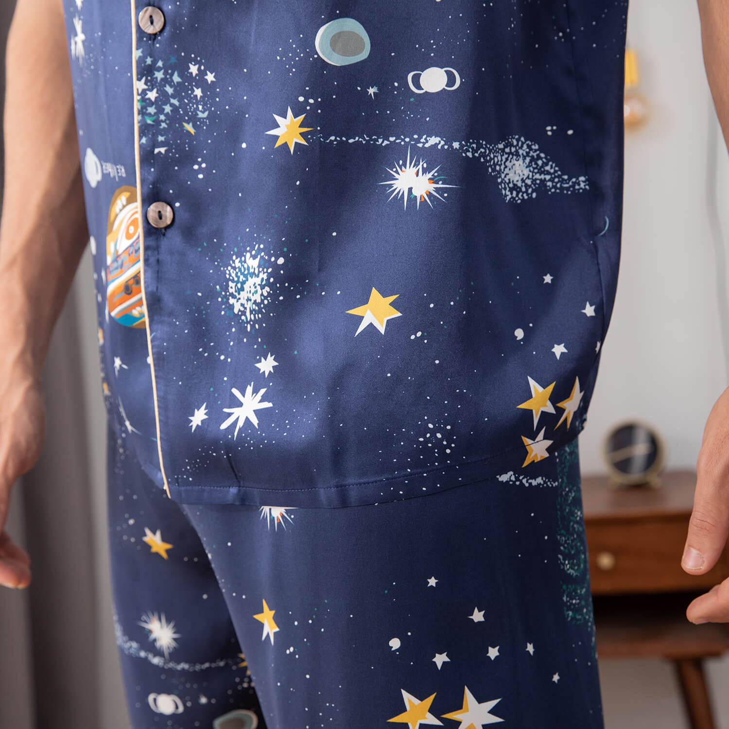 Mens Navy Blue Silk Pajama Set Galaxy Print Mens Silk Pajamas Navy Blue XS