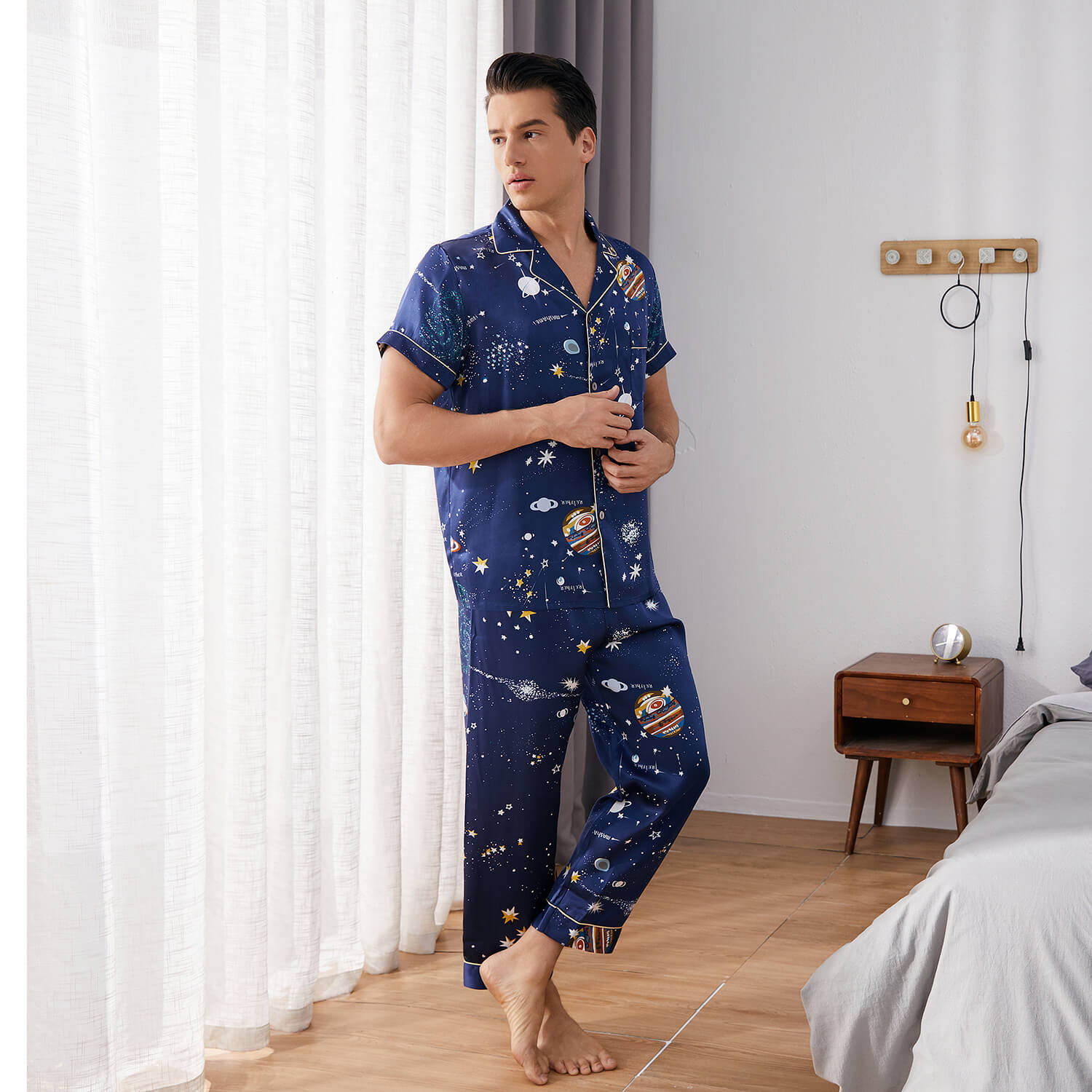 Mens Navy Blue Silk Pajama Set Galaxy Print Mens Silk Pajamas Navy Blue S