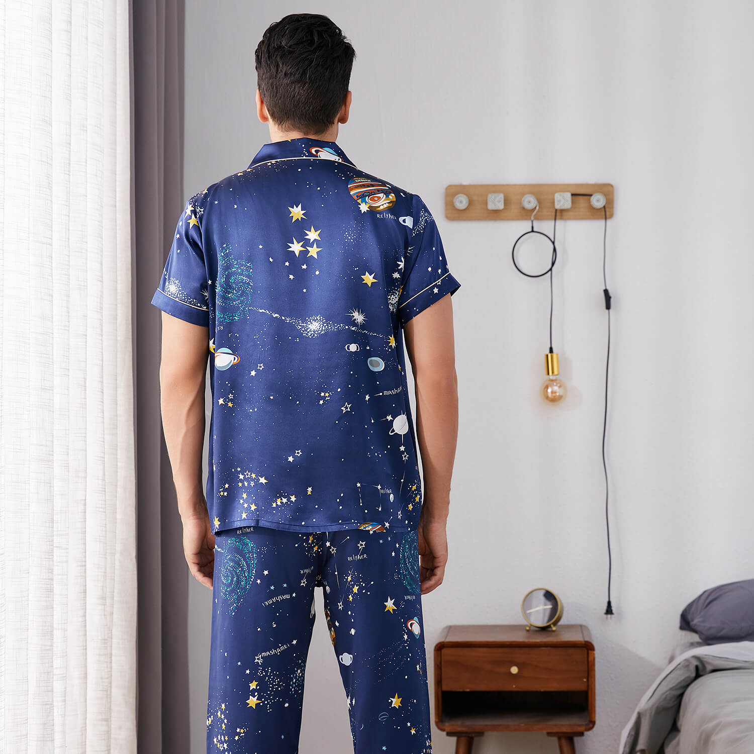 Mens Navy Blue Silk Pajama Set Galaxy Print Mens Silk Pajamas Navy Blue S