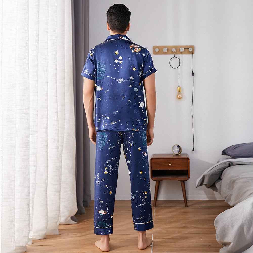 Mens Navy Blue Silk Pajama Set Galaxy Print Mens Silk Pajamas Navy Blue S