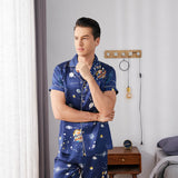 Mens Navy Blue Silk Pajama Set Galaxy Print Mens Silk Pajamas Navy Blue S