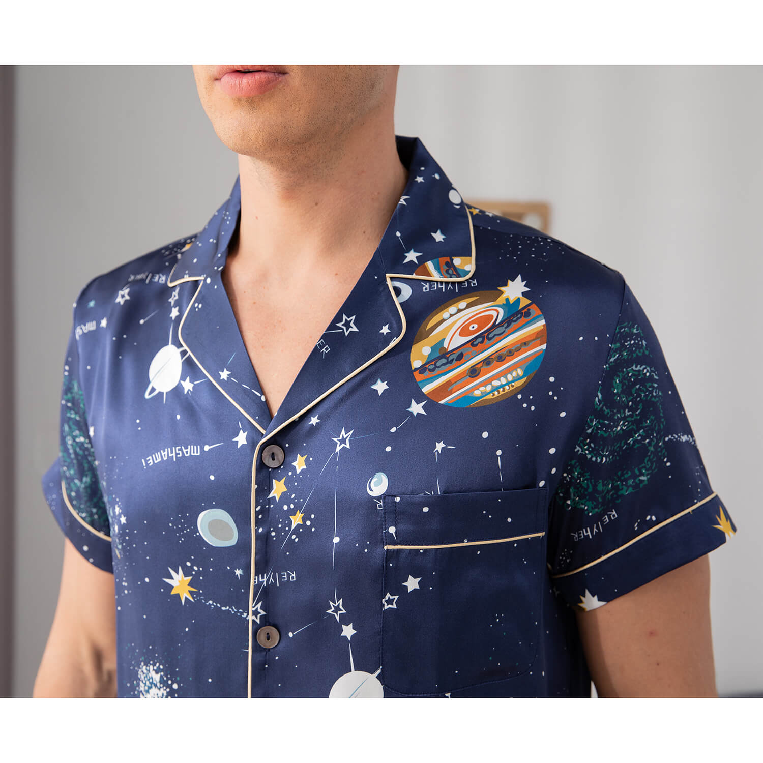 Mens Navy Blue Silk Pajama Set Galaxy Print Mens Silk Pajamas Navy Blue XS