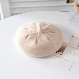 Girls Floral Knit Cashmere Beret Soft Winter Cashmere Hat for Kids Beige S