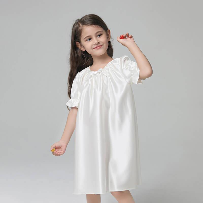 Girls Silk Nightgown 100% Mulberry Kids Silk Nightwear White XS
