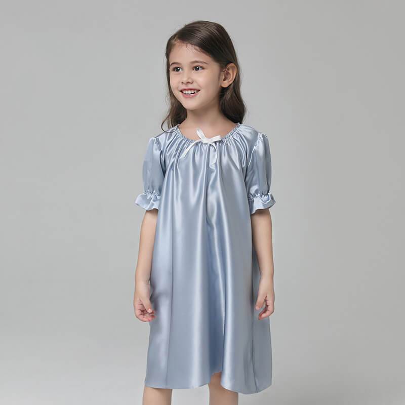 Girls Silk Nightgown 100% Mulberry Kids Silk Nightwear Light Blue XS