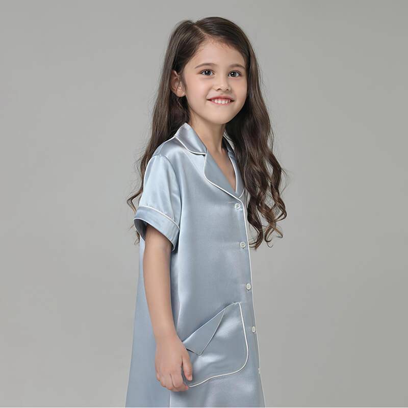 Girls Silk Nightshirt pure Silk Nightshirt Kids Silk Nightwear Light Blue XS