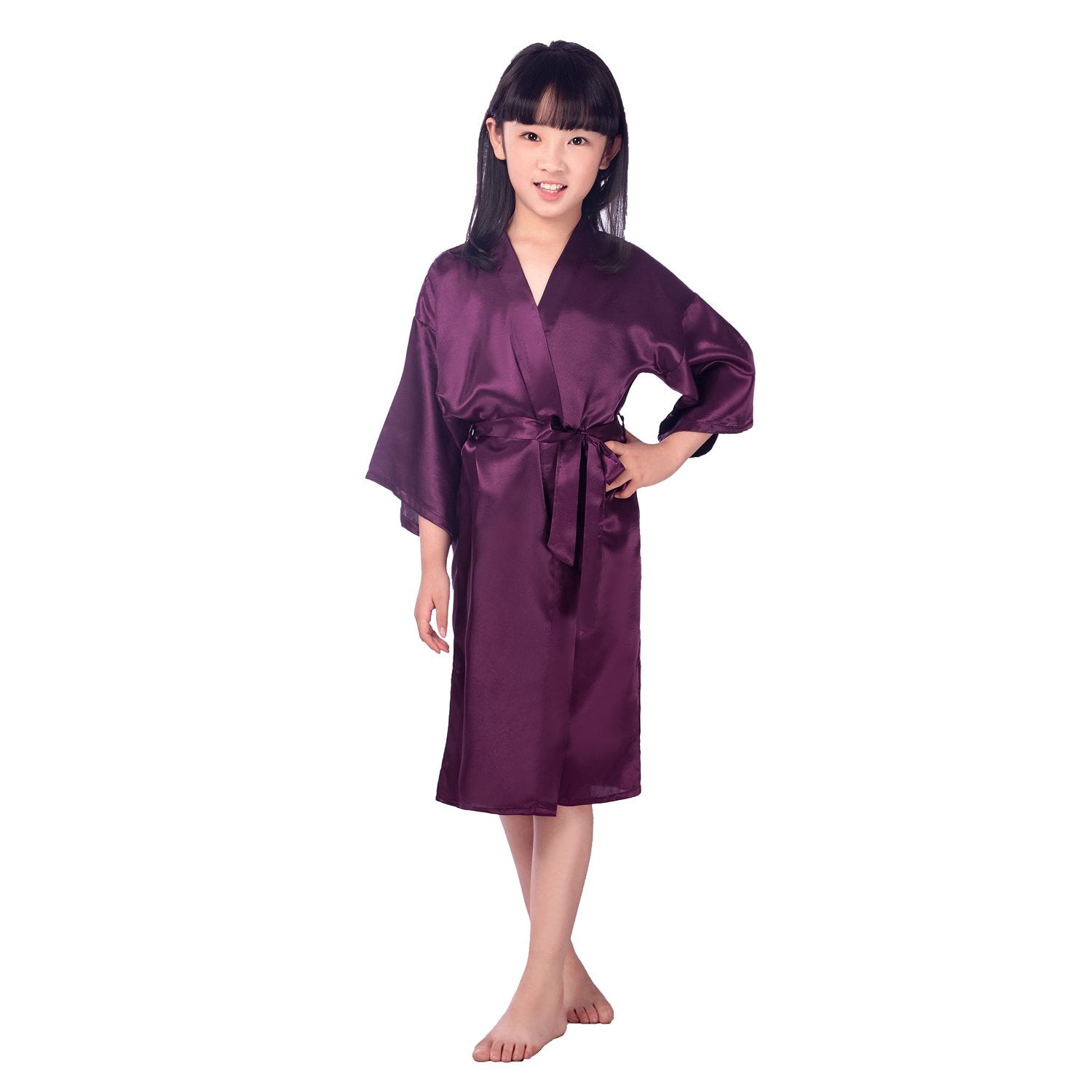 Kids Silk Kimono Silk Robe for Girls Short Sleeve Wrap Robe Purple XS