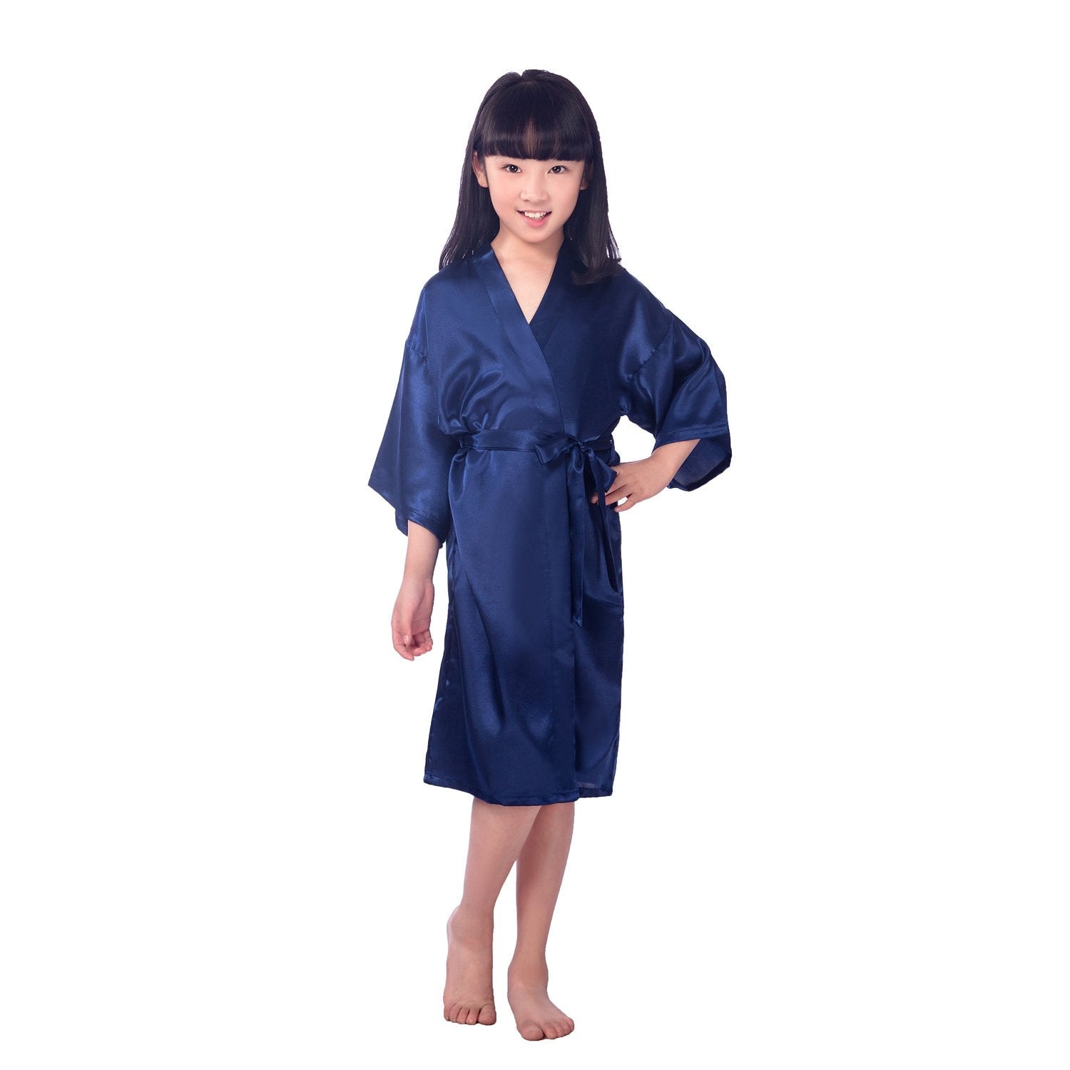 Kids Silk Kimono Silk Robe for Girls Short Sleeve Wrap Robe Navy Blue XS
