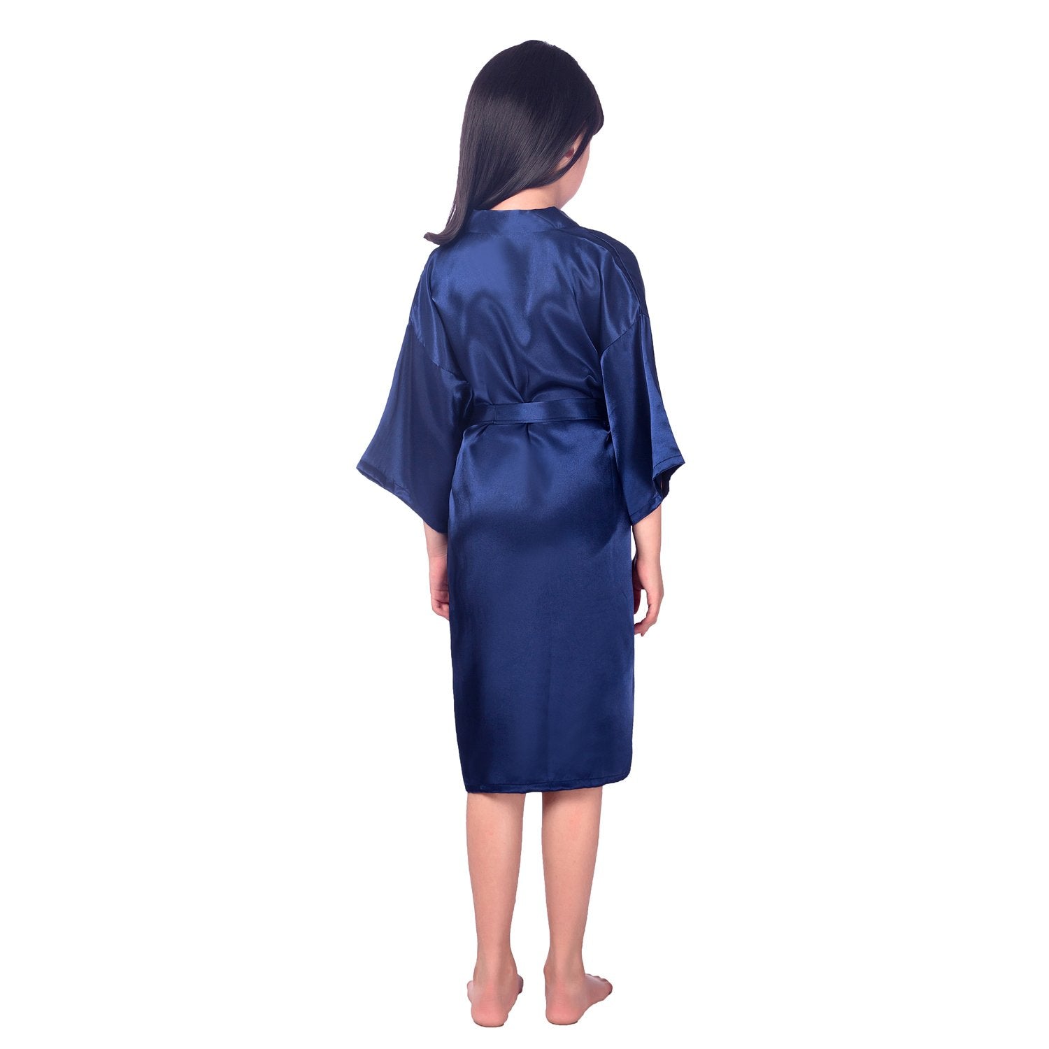 Kids Silk Kimono Silk Robe for Girls Short Sleeve Wrap Robe Navy Blue XS