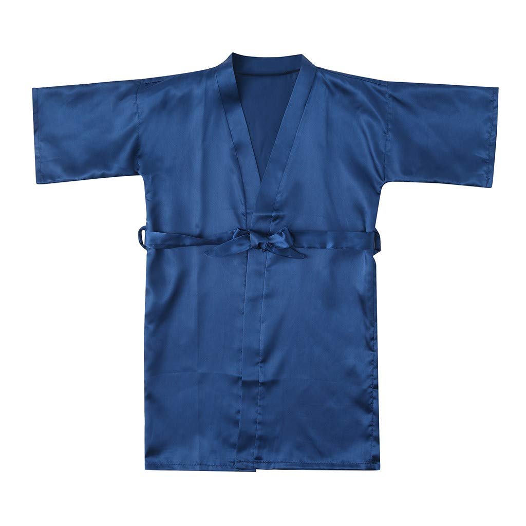 Kids Silk Kimono Silk Robe for Girls Short Sleeve Wrap Robe Navy Blue XS