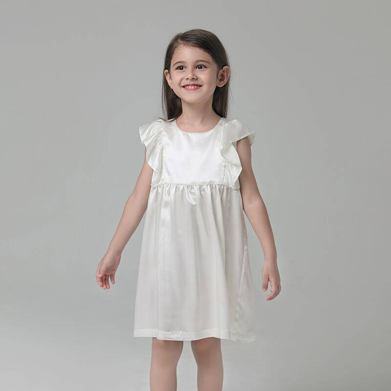 Girls Ruffle Sleeve Silk Nightgown Silk Girl Nightdress White XS