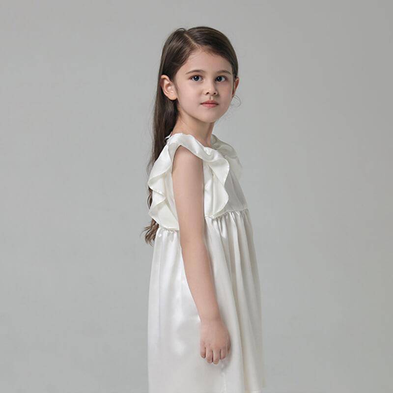 Girls Ruffle Sleeve Silk Nightgown Silk Girl Nightdress White XS