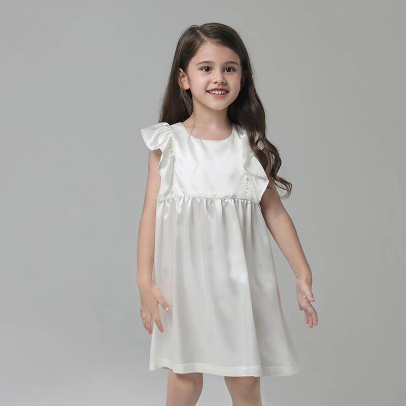 Girls Ruffle Sleeve Silk Nightgown Silk Girl Nightdress White XS