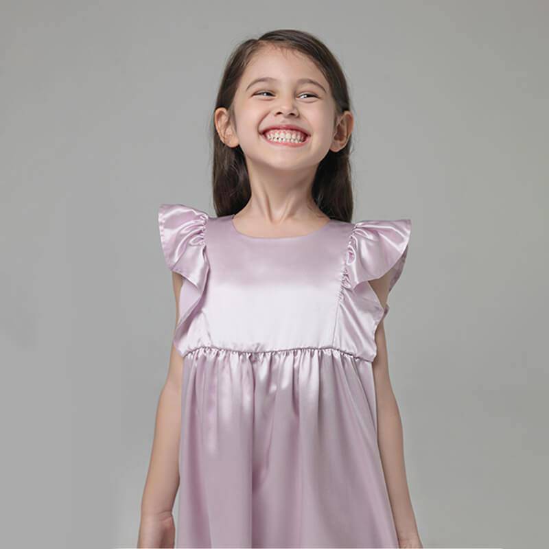 Girls Ruffle Sleeve Silk Nightgown Silk Girl Nightdress Lavender XS