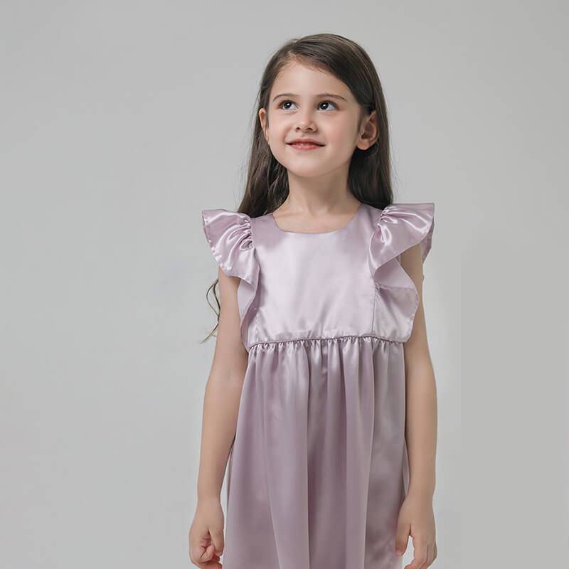 Girls Ruffle Sleeve Silk Nightgown Silk Girl Nightdress Lavender XS