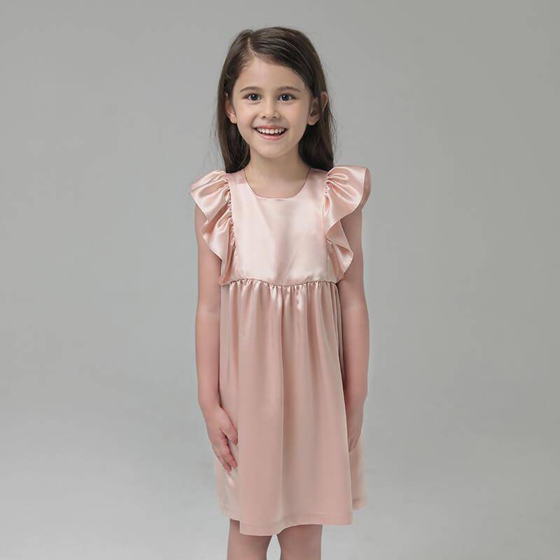 Girls Ruffle Sleeve Silk Nightgown Silk Girl Nightdress Apricot XS