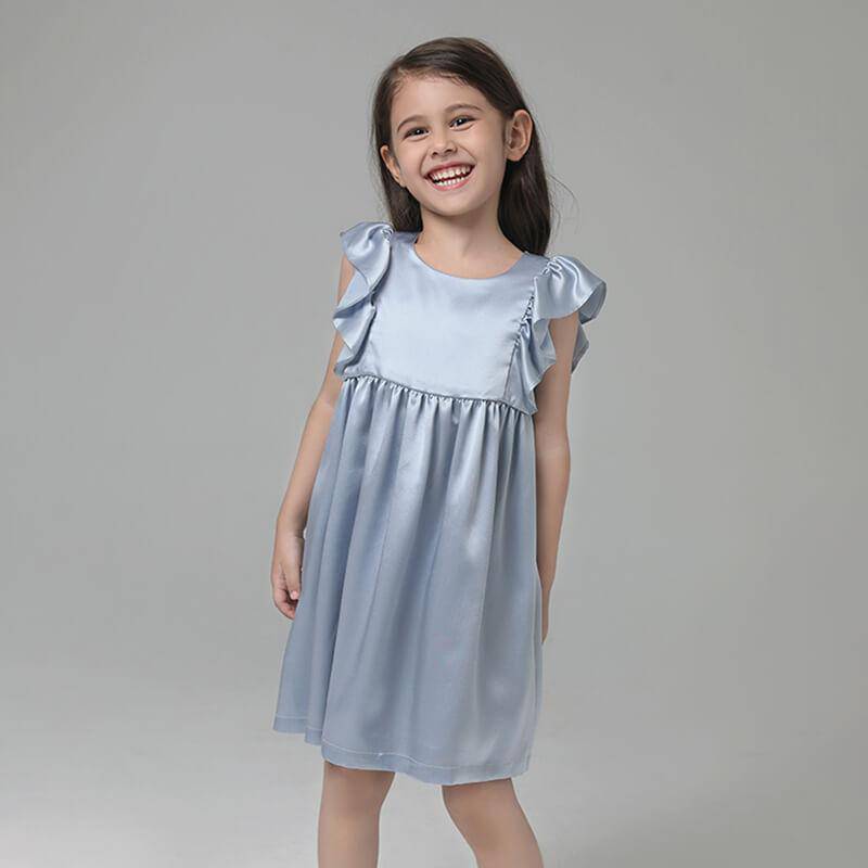 Girls Ruffle Sleeve Silk Nightgown Silk Girl Nightdress Light Blue XS