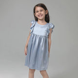 Girls Ruffle Sleeve Silk Nightgown Silk Girl Nightdress Light Blue XS