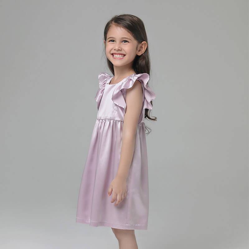 Girls Ruffle Sleeve Silk Nightgown Silk Girl Nightdress Lavender XS