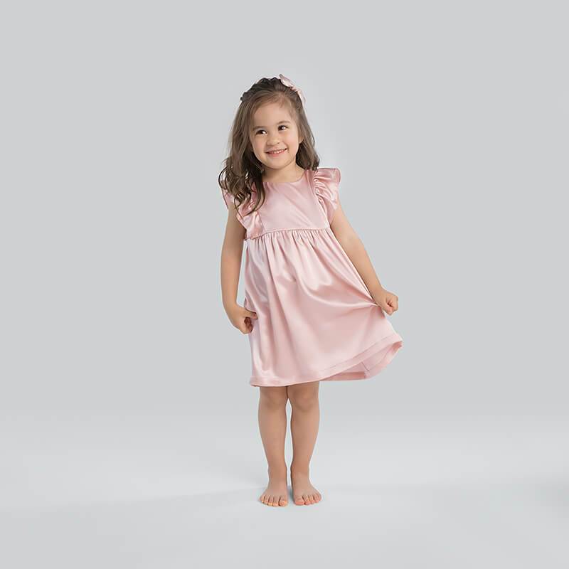 Girls Ruffle Sleeve Silk Nightgown Silk Girl Nightdress Pink XS