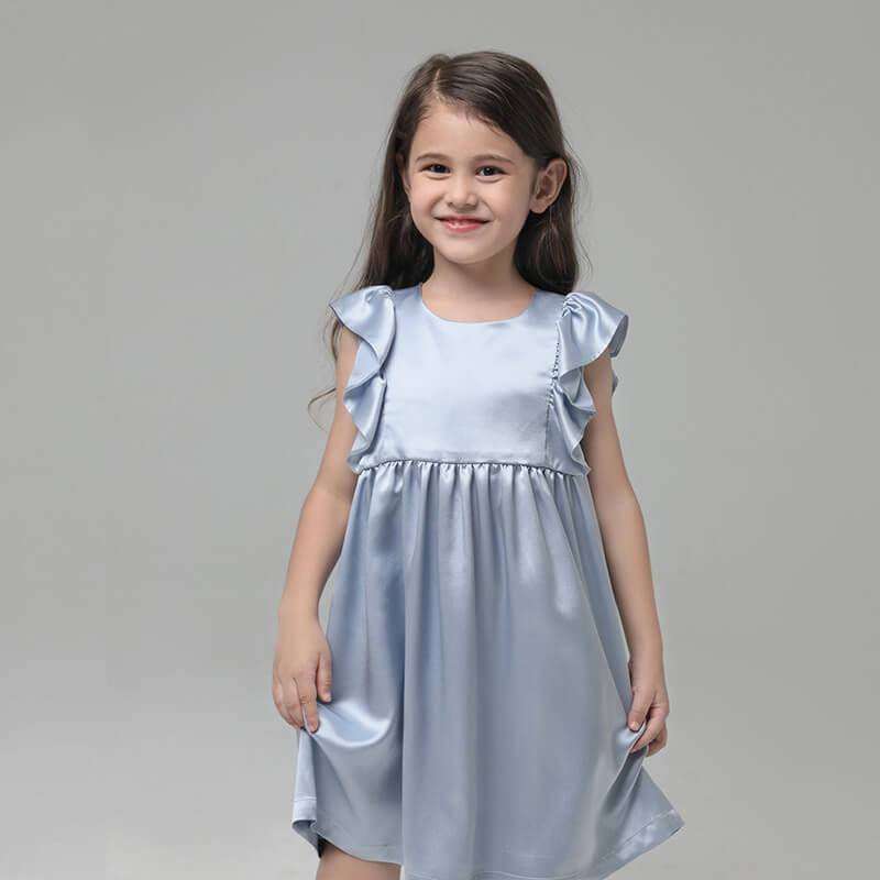 Girls Ruffle Sleeve Silk Nightgown Silk Girl Nightdress Apricot XS