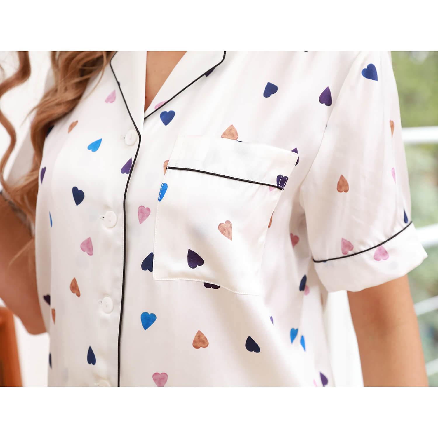 Heart Print Silk Pajamas Shorts Set Mulberry Silk Pyjama Set White XS