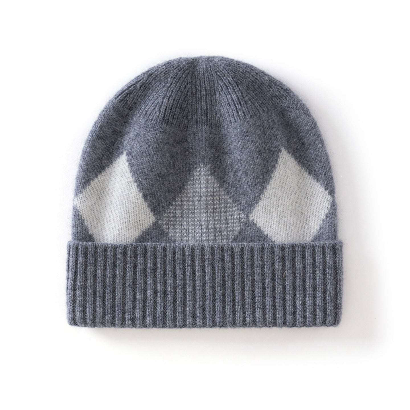 Kids Argyle Cashmere Beanie Hat Ribbed Edge Cashmere Beanie with Diamond Pattern Grey S