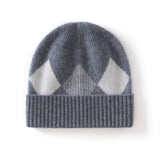 Kids Argyle Cashmere Beanie Hat Ribbed Edge Cashmere Beanie with Diamond Pattern Grey S