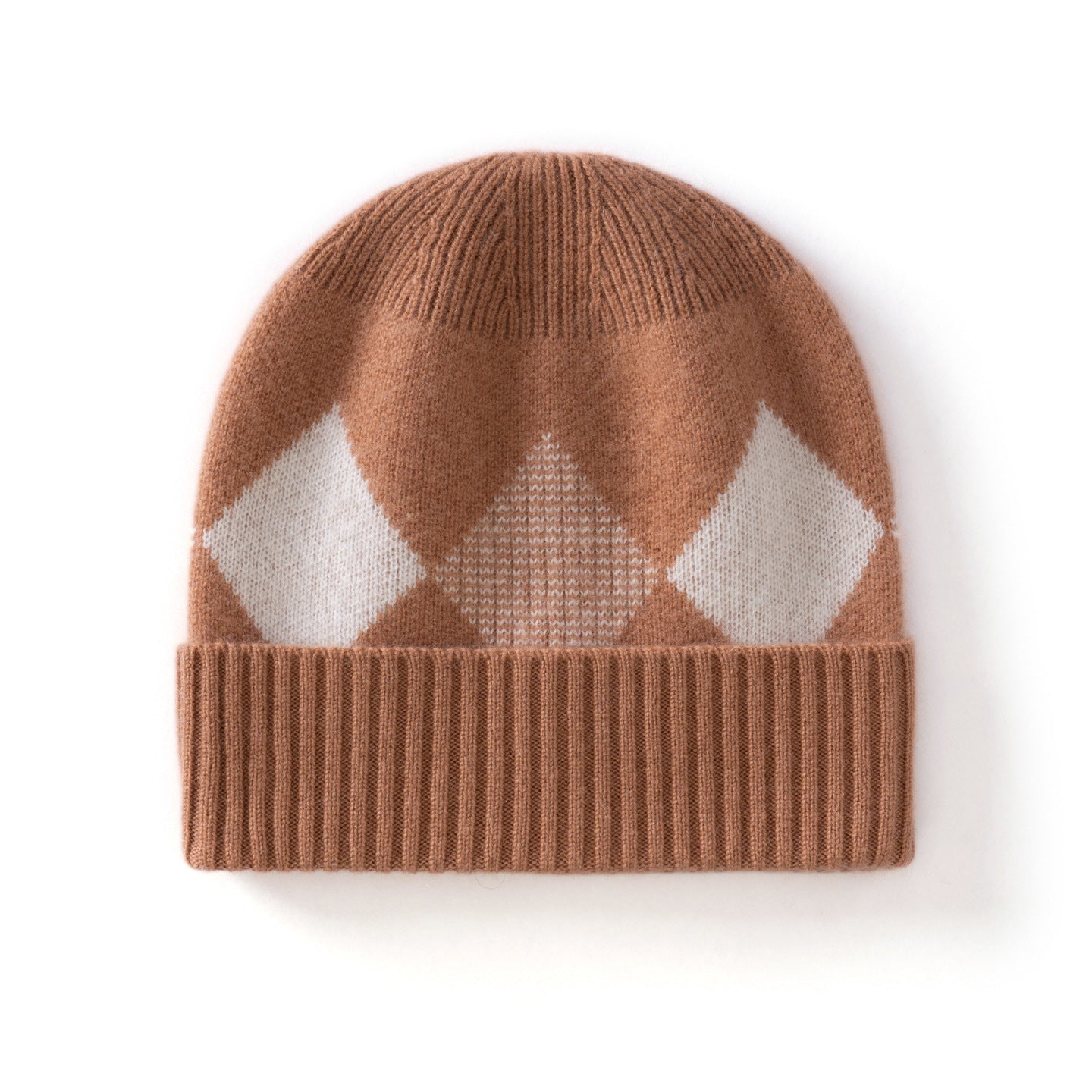 Kids Argyle Cashmere Beanie Hat Ribbed Edge Cashmere Beanie with Diamond Pattern Brown S