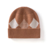 Kids Argyle Cashmere Beanie Hat Ribbed Edge Cashmere Beanie with Diamond Pattern Brown S
