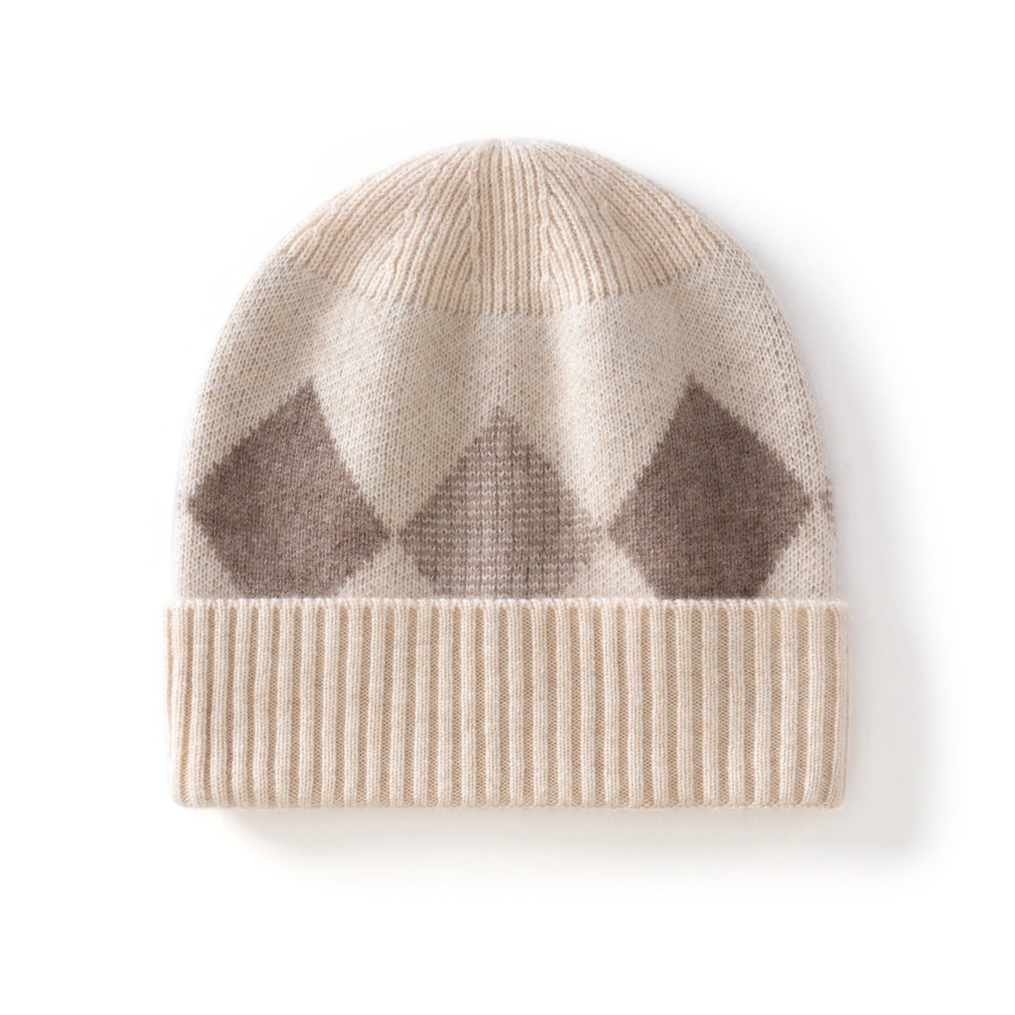 Kids Argyle Cashmere Beanie Hat Ribbed Edge Cashmere Beanie with Diamond Pattern Beige S