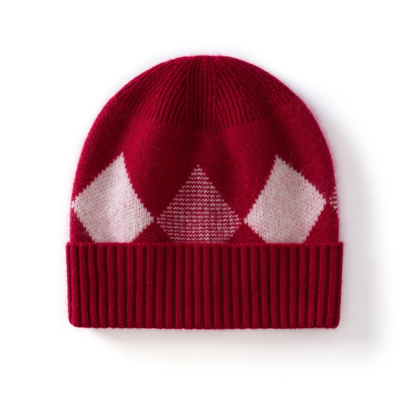 Kids Argyle Cashmere Beanie Hat Ribbed Edge Cashmere Beanie with Diamond Pattern Claret S