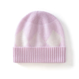 Kids Argyle Cashmere Beanie Hat Ribbed Edge Cashmere Beanie with Diamond Pattern Pink S