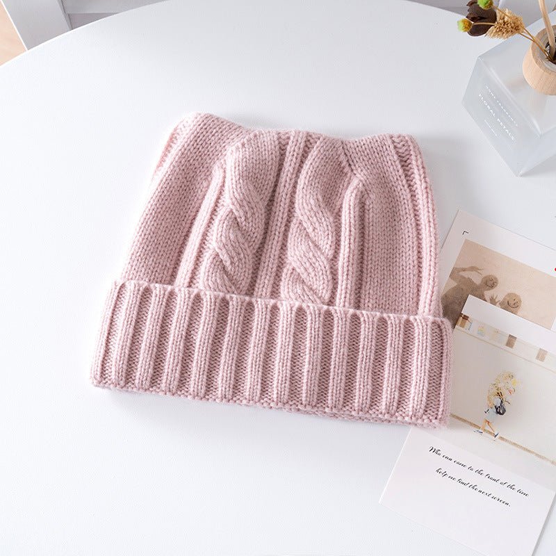 Kids Cable Knit Cashmere Beanie Ribbing Hem Cashmere Hat for Boys and Girls Pink S