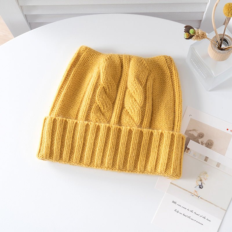 Kids Cable Knit Cashmere Beanie Ribbing Hem Cashmere Hat for Boys and Girls Yellow S
