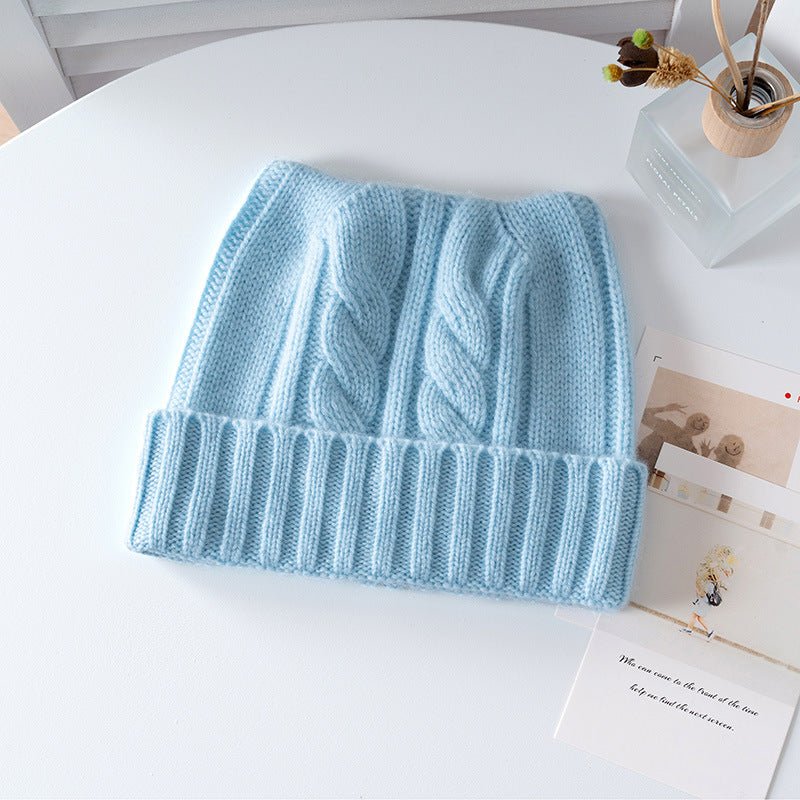 Kids Cable Knit Cashmere Beanie Ribbing Hem Cashmere Hat for Boys and Girls Blue S
