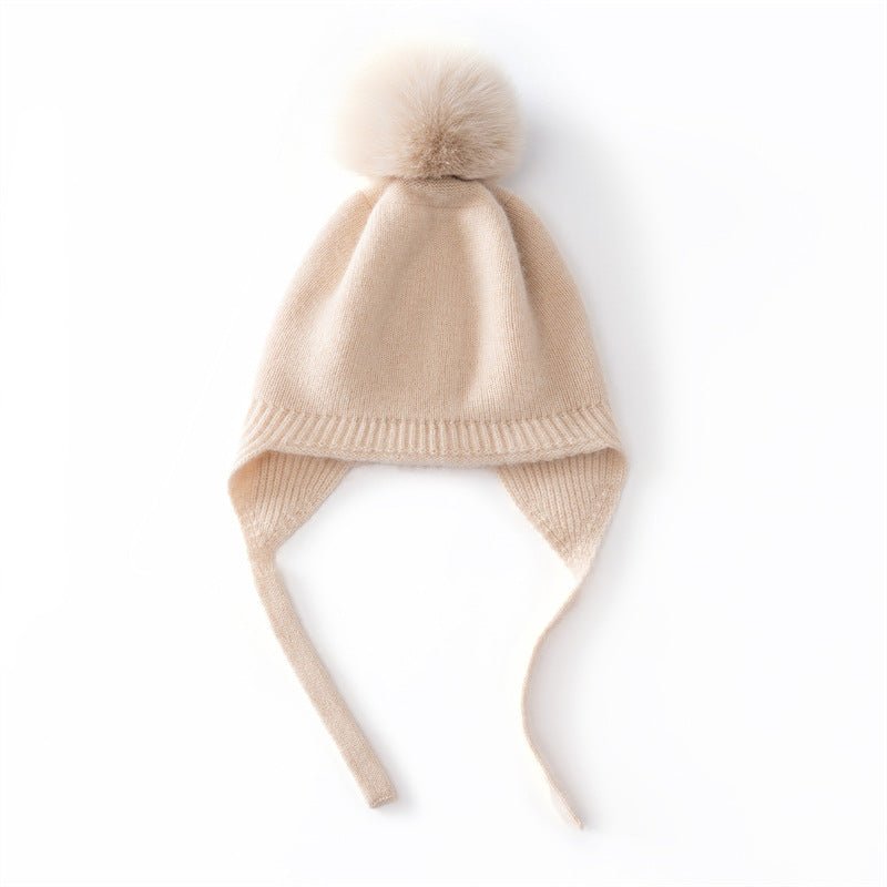 Kids Cashmere Earflap Hat with Pom Tie - String Cashmere Beanie Beige S