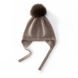 Kids Cashmere Earflap Hat with Pom Tie - String Cashmere Beanie Taupe S