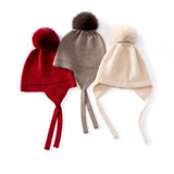 Kids Cashmere Earflap Hat with Pom Tie - String Cashmere Beanie Claret S