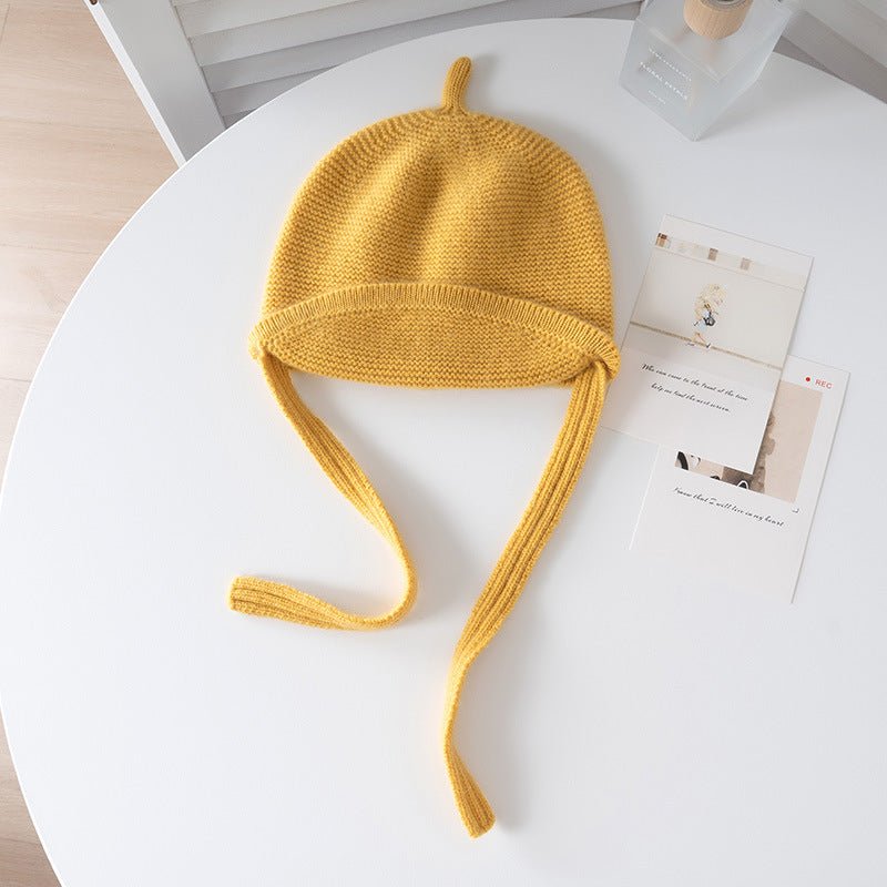 Kids Cashmere Hat with Ties Toddler Cashmere Bonnet Hat Roll Brim Yellow S