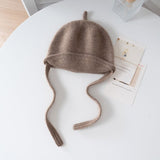 Kids Cashmere Hat with Ties Toddler Cashmere Bonnet Hat Roll Brim Taupe S