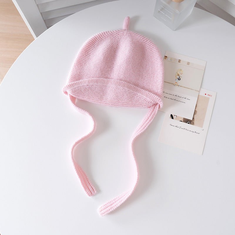 Kids Cashmere Hat with Ties Toddler Cashmere Bonnet Hat Roll Brim Pink S