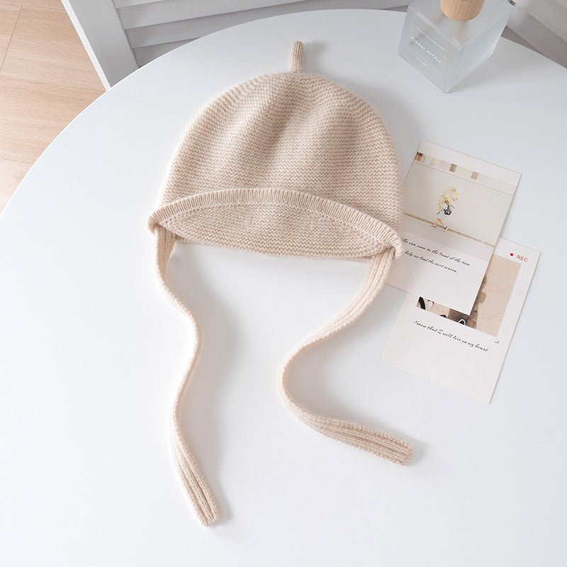 Kids Cashmere Hat with Ties Toddler Cashmere Bonnet Hat Roll Brim Beige S
