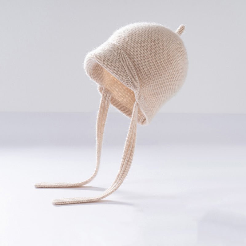 Kids Cashmere Hat with Ties Toddler Cashmere Bonnet Hat Roll Brim Beige S