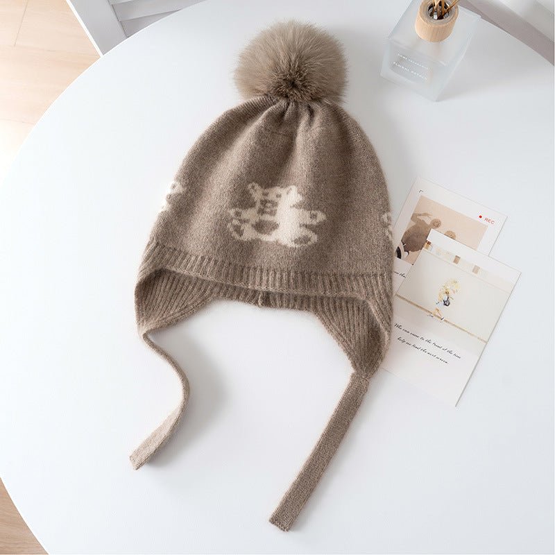 Kids Cashmere Knit Earflap Hat With Pom And Teddy Bear Cashmere Beanie Taupe S