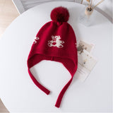 Kids Cashmere Knit Earflap Hat With Pom And Teddy Bear Cashmere Beanie Claret S
