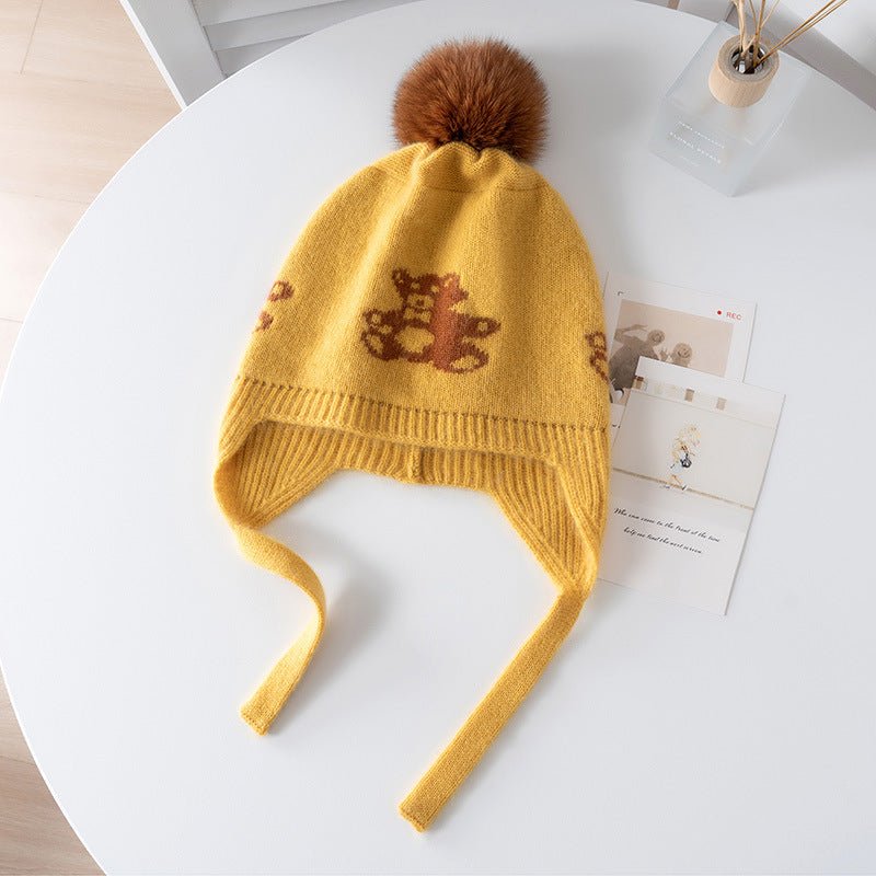 Kids Cashmere Knit Earflap Hat With Pom And Teddy Bear Cashmere Beanie Yellow S