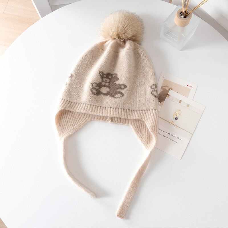 Kids Cashmere Knit Earflap Hat With Pom And Teddy Bear Cashmere Beanie Beige S
