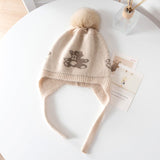 Kids Cashmere Knit Earflap Hat With Pom And Teddy Bear Cashmere Beanie Beige S