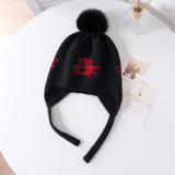 Kids Cashmere Knit Earflap Hat With Pom And Teddy Bear Cashmere Beanie Black S